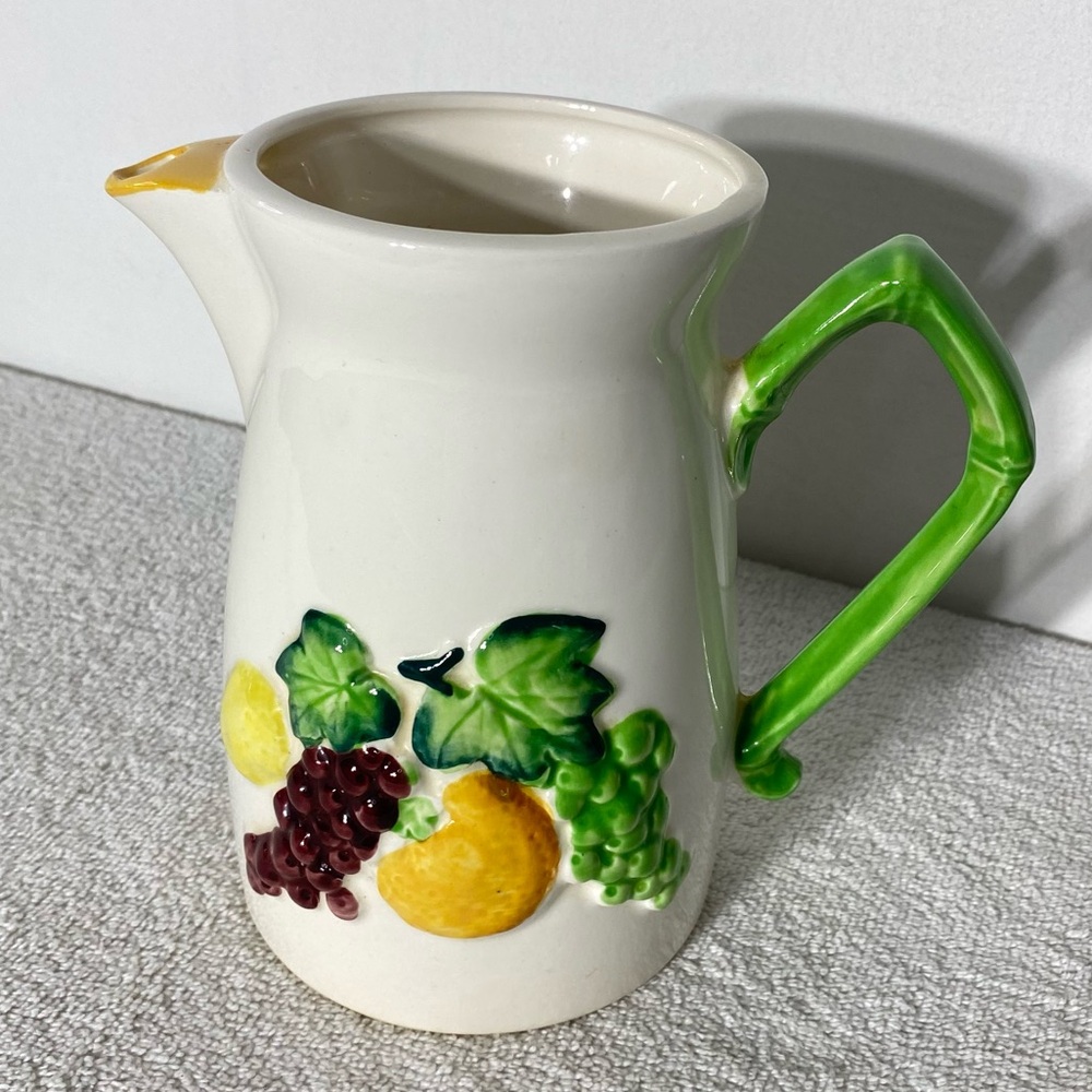 Vintage Japan Good Morning Ceramic Pitcher with Fruit & Green Handle